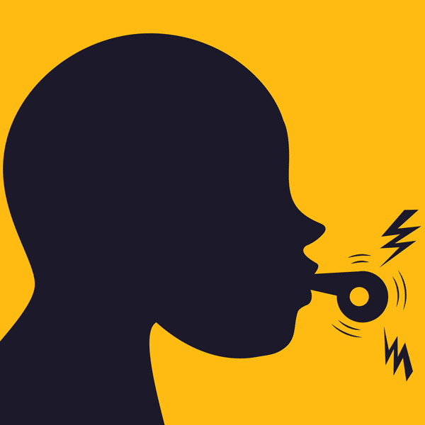 Yellow background with the silhouette of someone blowing a whistle.